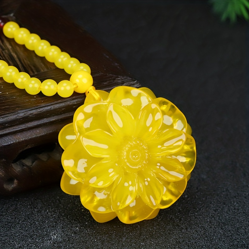 Exquisitely Carved Yellow Flower Pendant Necklace